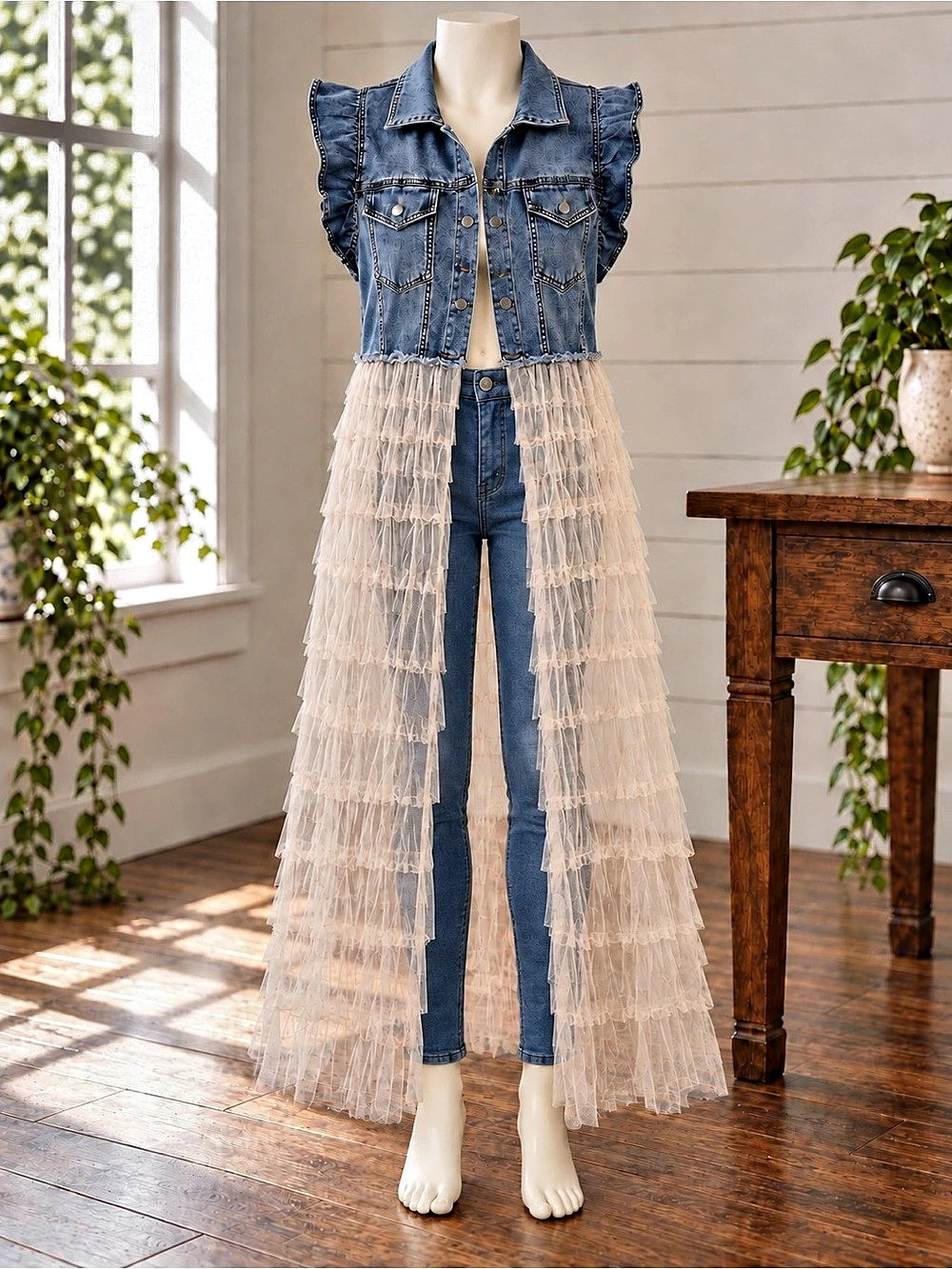 Origami Denim and Tulle Tiered Duster Vest Denim & Tulle Maxi Dress